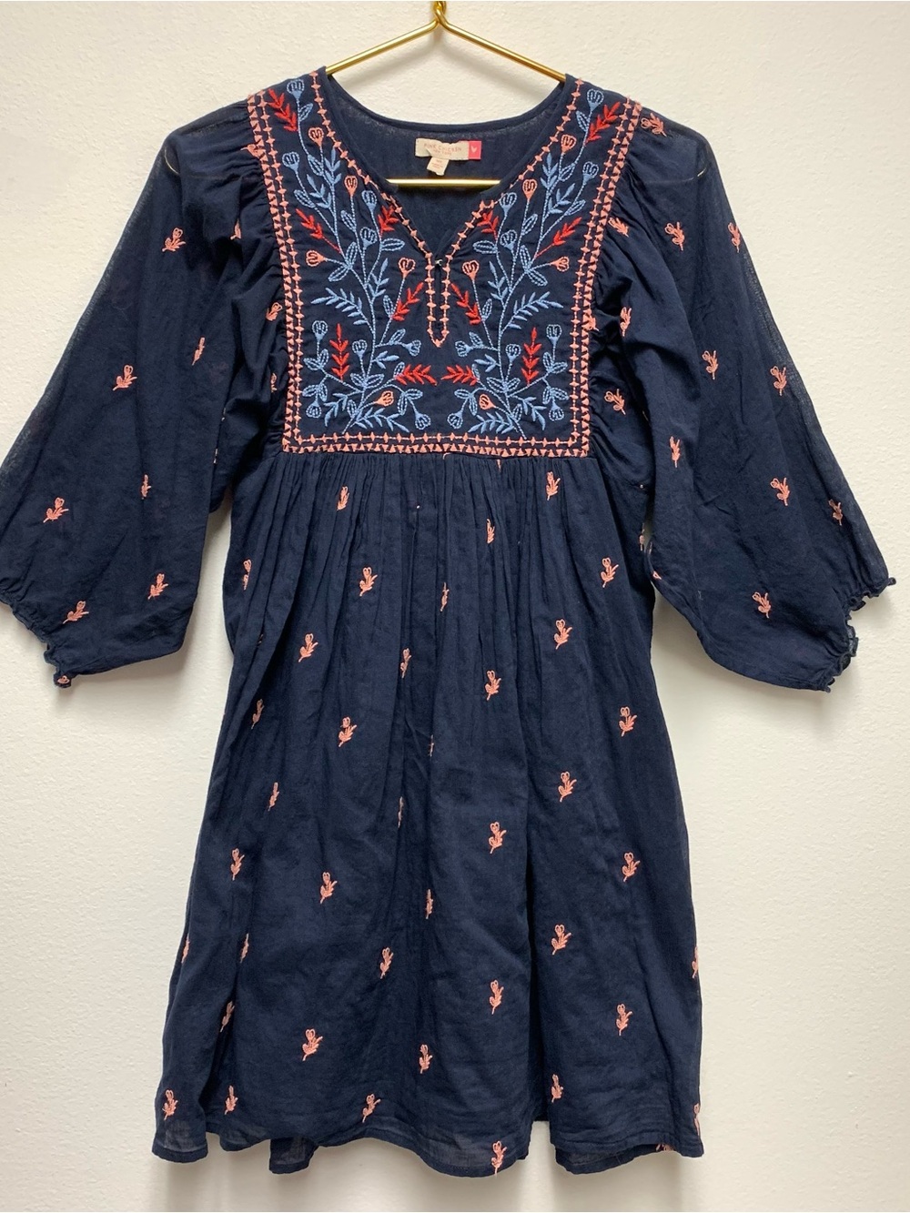 Pink Chicken Ave Bella Embroidered Dress Girls Size 14 Navy Blue Boho Peasant - Picture 2 of 11